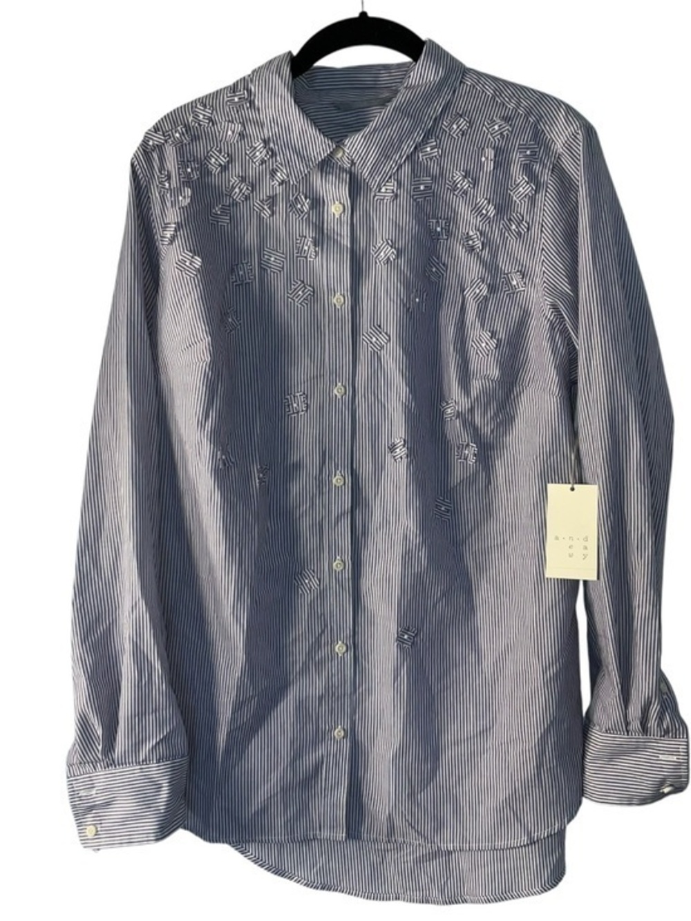 Ann Taylor Men's Blue and White Striped Dress Shirt with Embroidered Detail